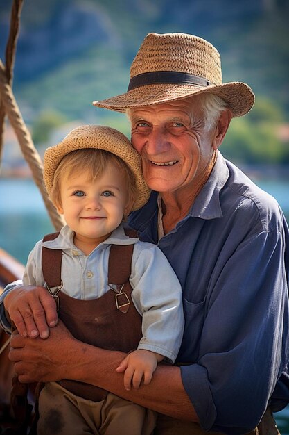 Photo a man and a child are posing for a photo with a little boy