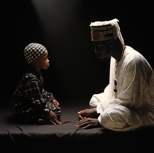 a man and a child are sitting in front of a black background.