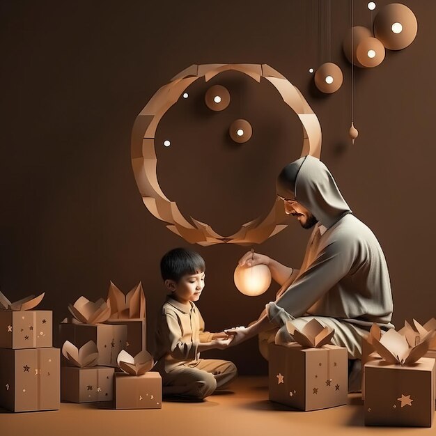 A man and a child are sitting in front of boxes with a light on it