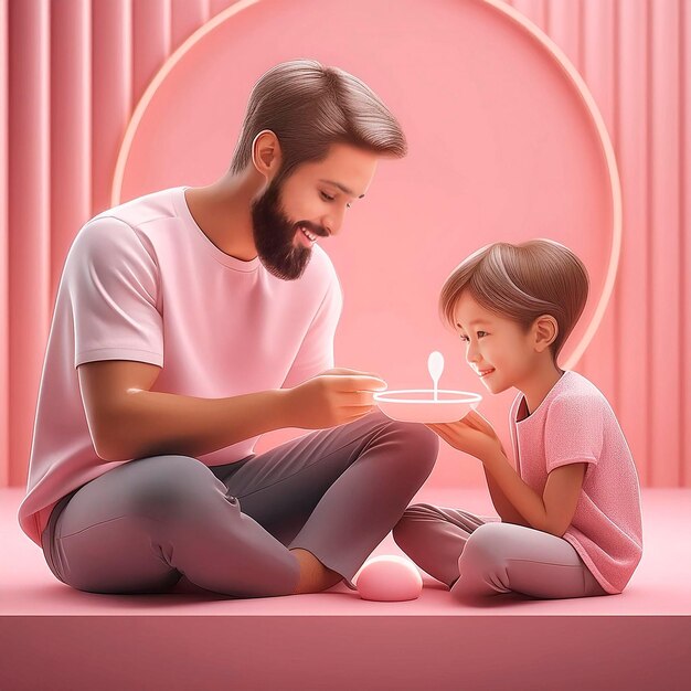 Photo a man and a child are sitting in front of a pink background with a picture of a little girl