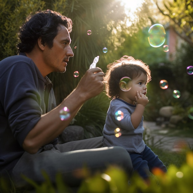 A man and a child are sitting on the grass and one of them is blowing bubbles.