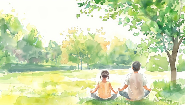男と子供が芝生の畑に座ってヨガを練習している