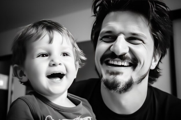 A man and a child are smiling and laughing together.