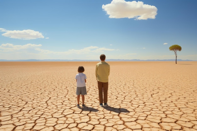 A man and a child are standing in the desert generative ai image