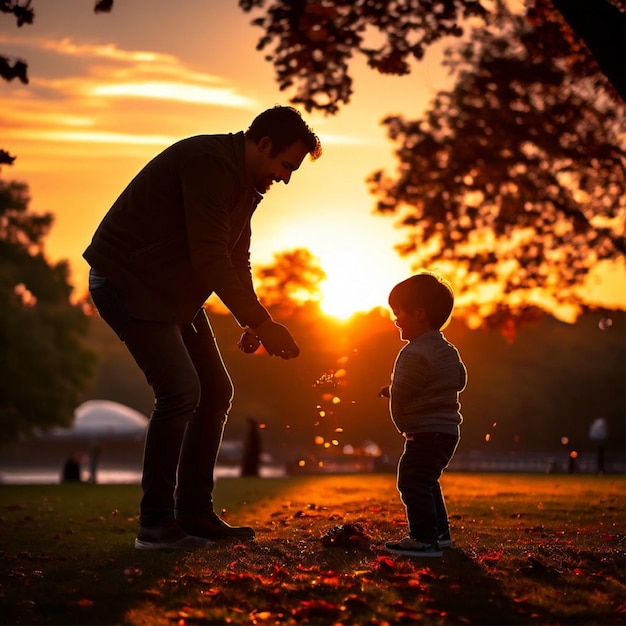 a man and a child are standing under a tree with the sun behind them