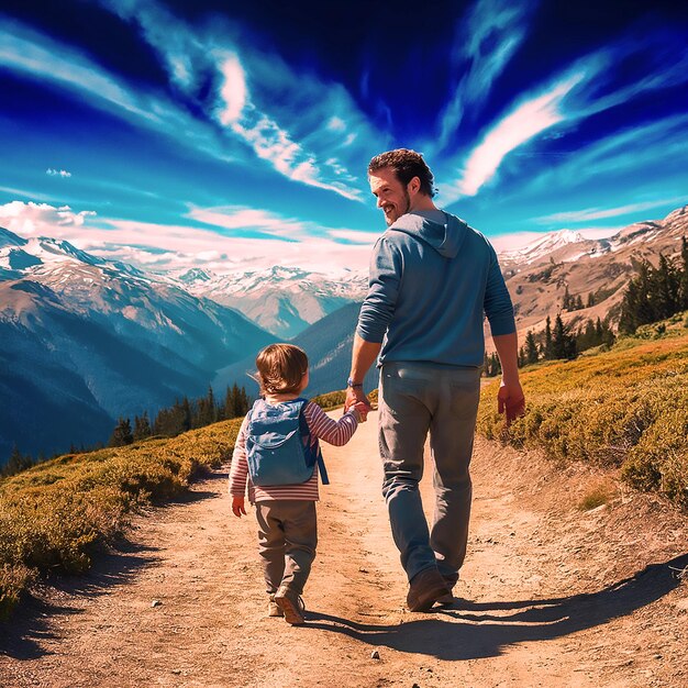 a man and a child are walking down a dirt road