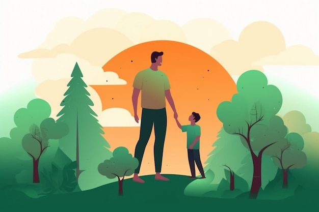 A man and a child are walking in a forest.