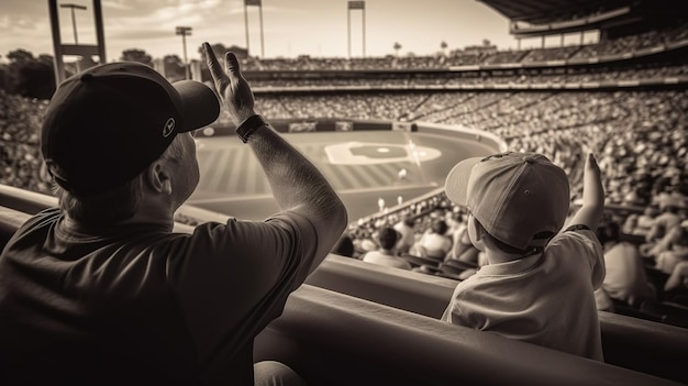 Un uomo e un bambino stanno guardando una partita di baseball.