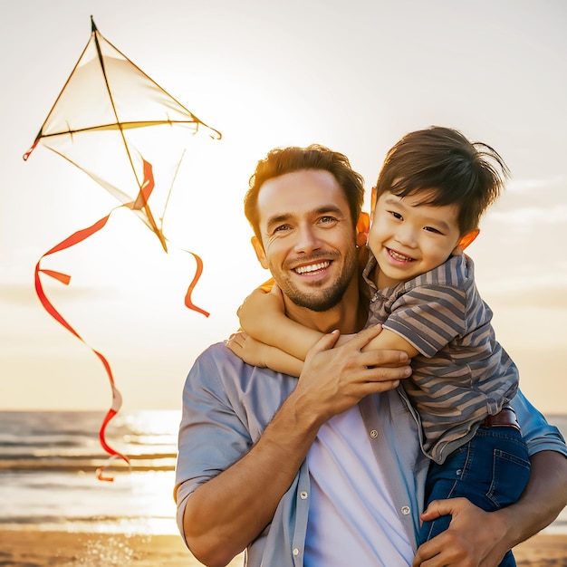 a man and a child on the beach with the sun behind them