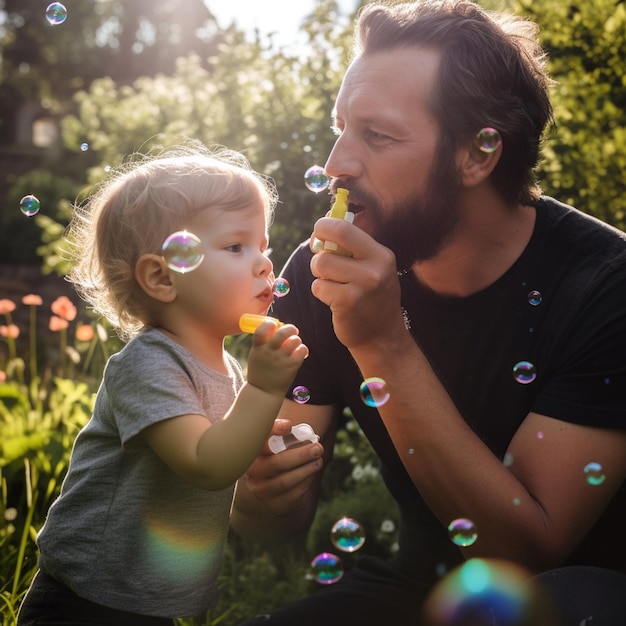 A man and a child blowing bubbles in the grass.