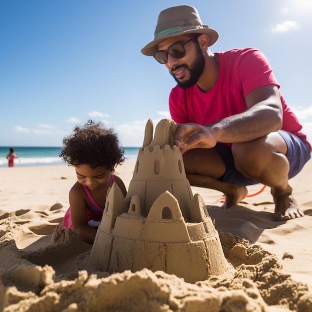 ビーチで砂の城を建てる男性と子供