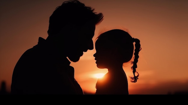 A man and a child face to face at sunset