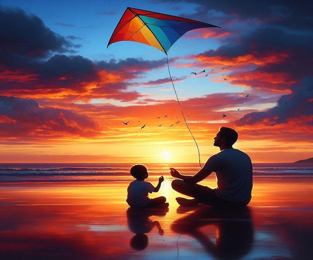 Photo a man and a child fly a kite on the beach