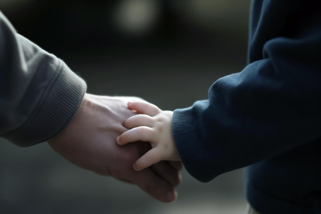 A man and a child hold hands.