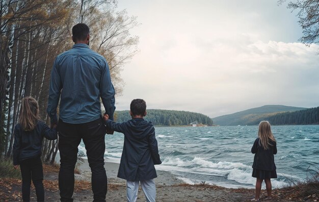 a man and a child holding hands and looking at the water