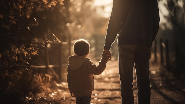 A man and a child holding hands walk down a path, the sun is shining on the ground.