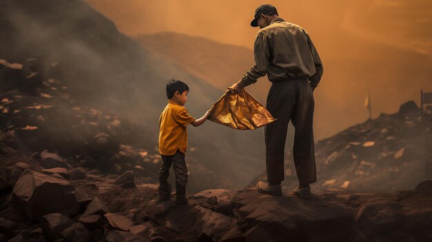 Foto un uomo e un bambino che tengono una mappa con le parole 