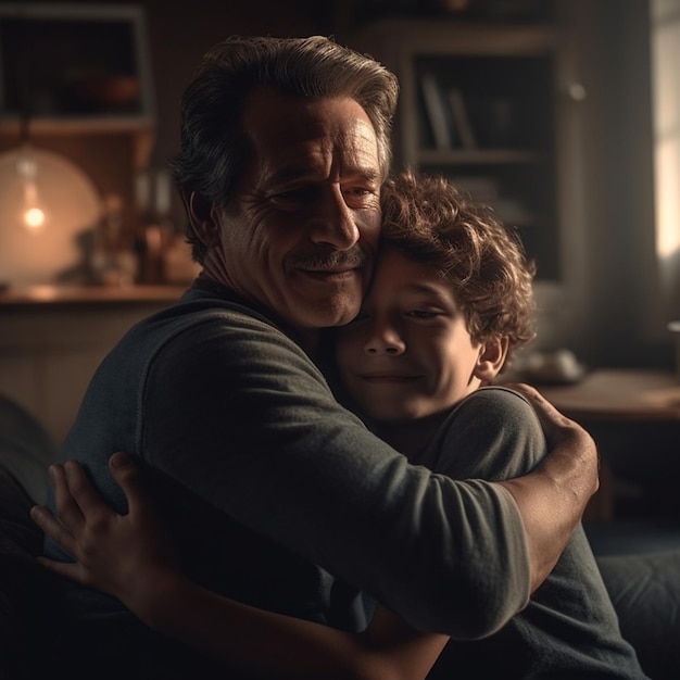 A man and a child hug in a living room.