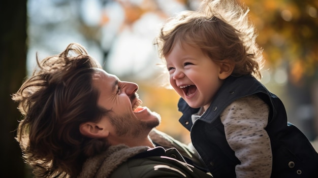 Photo a man and a child laughing in the park ai