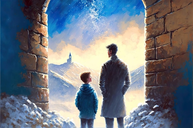 A man and a child look at the ruins