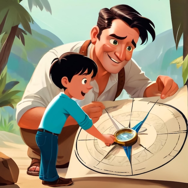 a man and a child looking at a compass with the word  a  on it