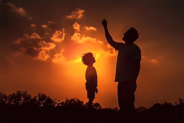 夕暮れの空を眺める男性と子供