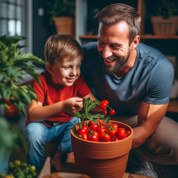 A man and a child looking at tomatoes in a pot