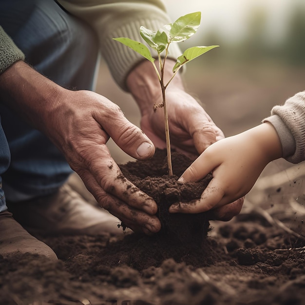 男性と子供が土に木を植えています