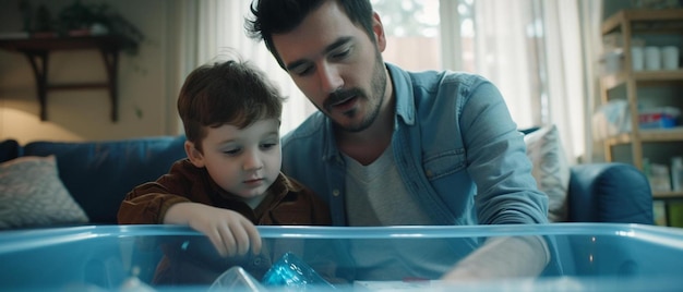 a man and a child playing with a plastic container