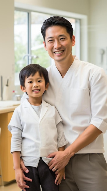 Photo a man and a child pose for a picture in a kitchen