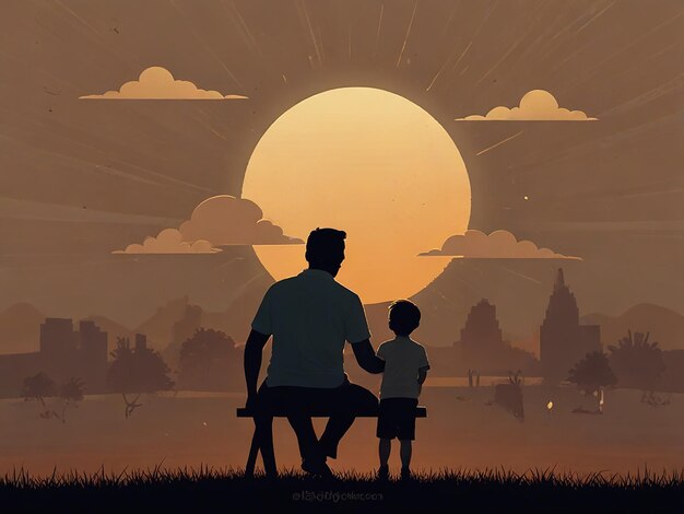 a man and a child sit on a bench in front of a sunset