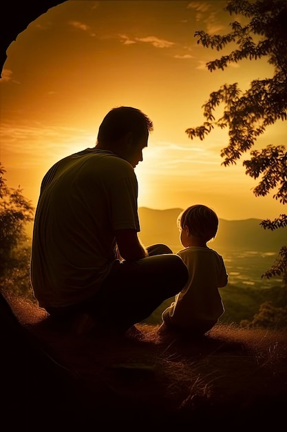 A man and child sit on a hill looking at the sunset