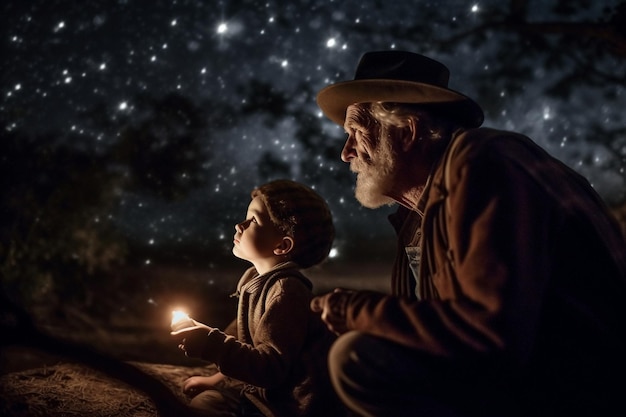 星空の下に座る男性と子供