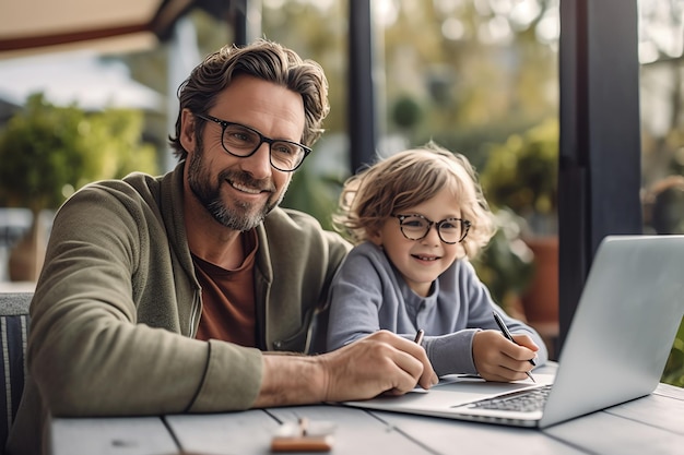 한 남자와 한 아이가 노트북과 펜을 들고 테이블에 앉아 있습니다.