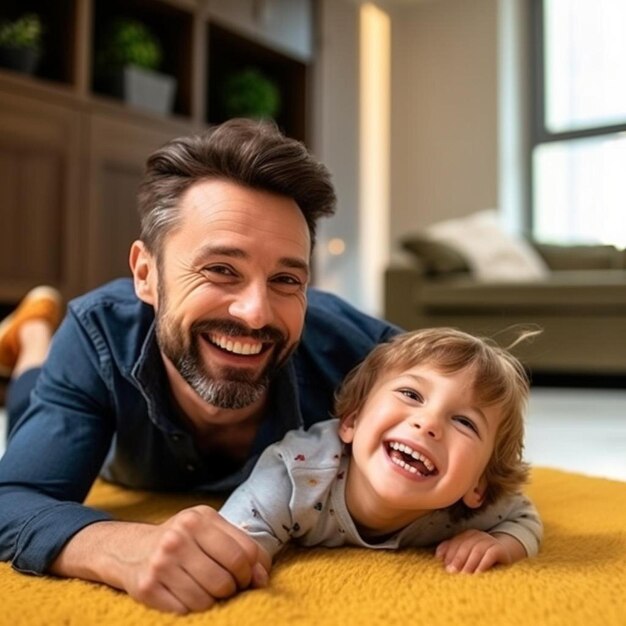 a man and a child smiling on a carpet with a smile