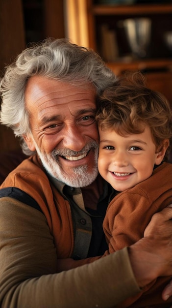 a man and a child smiling and hugging each other