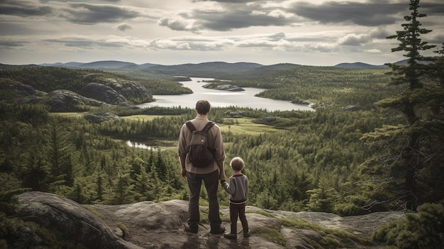 A man and a child stand on a cliff overlooking a lake and mountains