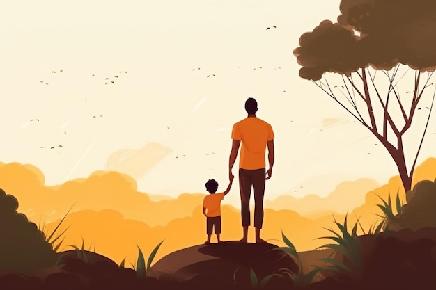 A man and a child stand on a hill looking at the sky.