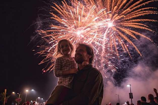 A man and a child standing in front of fireworks