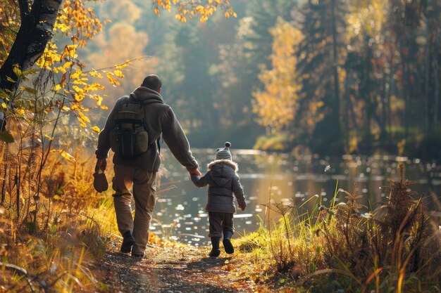 A man and a child walk along the river