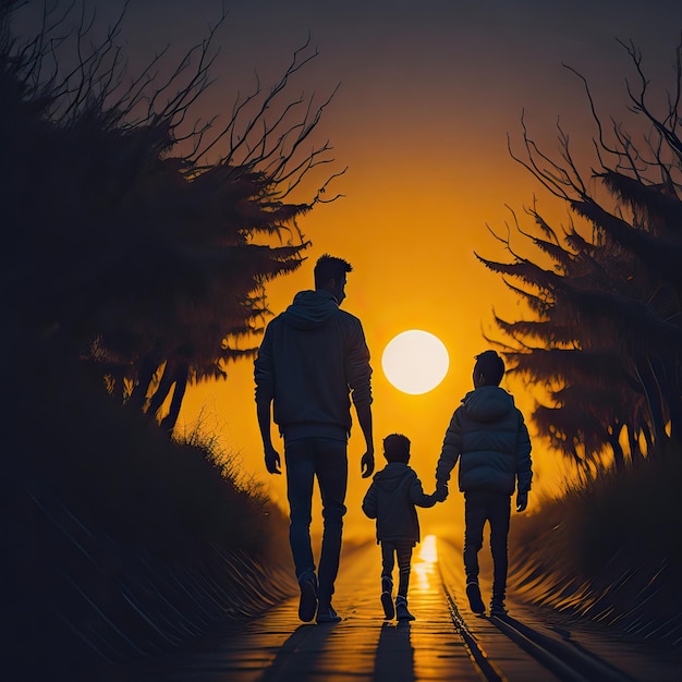 a man and a child walk down a path with the sun behind them Generative AI