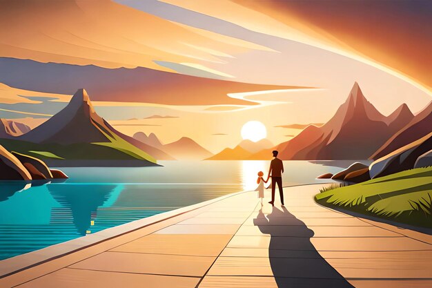 A man and a child walk on a pier at sunset.