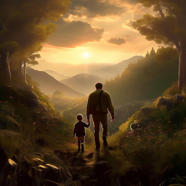 A man and a child walk through a forest with the sun setting behind them.