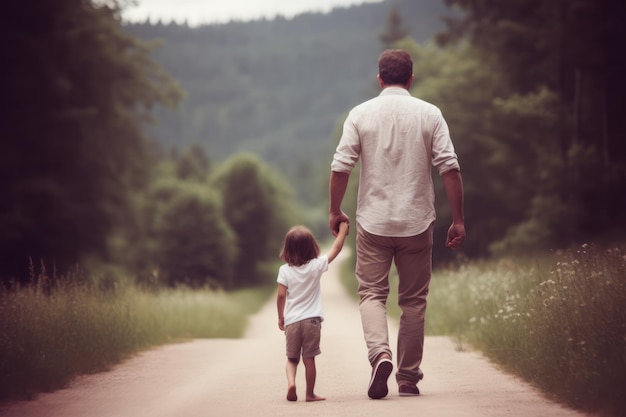 A man and a child walking down a road