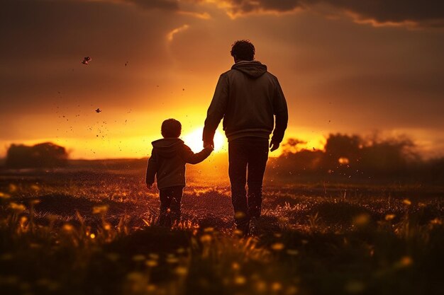 Foto un uomo e un bambino che camminano in un campo al tramonto