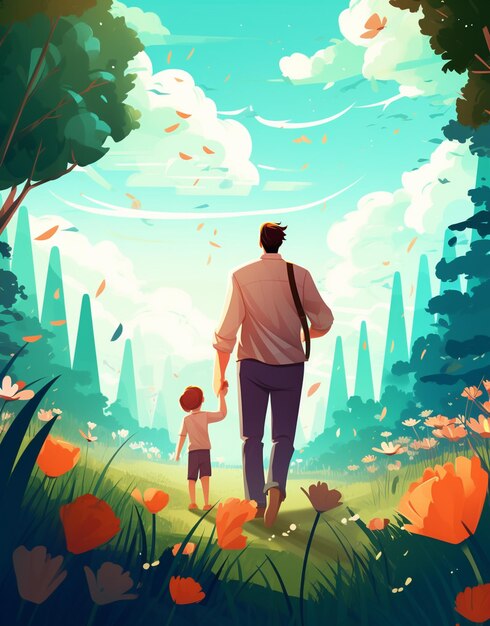 A man and a child walking in a forest with a man holding a cane