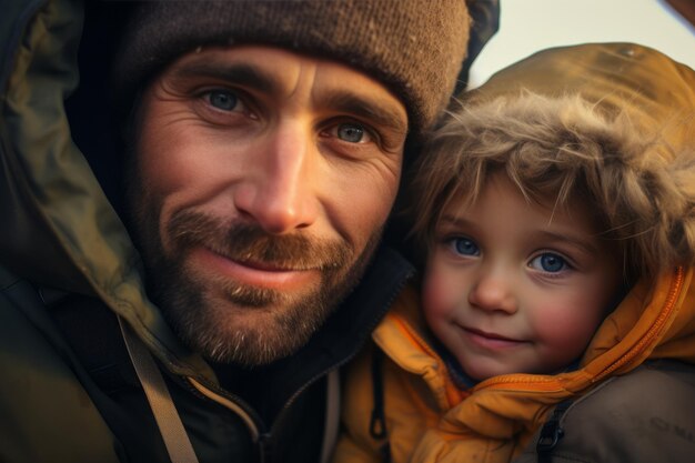 Foto un uomo e un bambino in abiti invernali