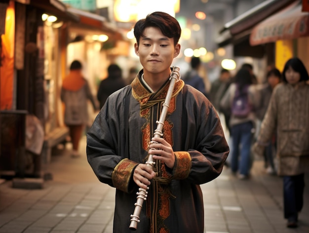 A man in a chinese costume plays a flute in a market.