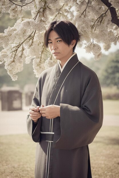 A man in a chinese robe stands in front of a tree with flowers.