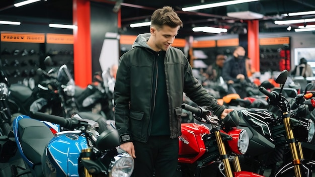 黒いジャケットを着た男がモーターショップでオートバイを選んだ